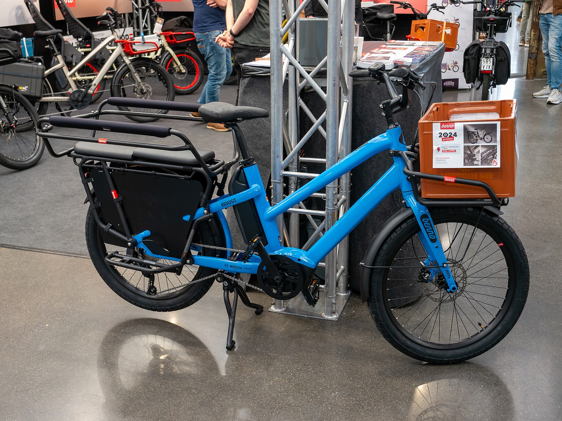Electric cargo bicycle on a trade-show stand