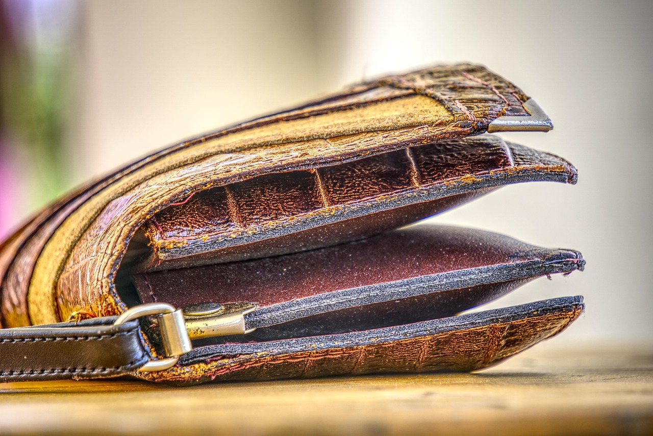 Close-up of a textured leather clutch